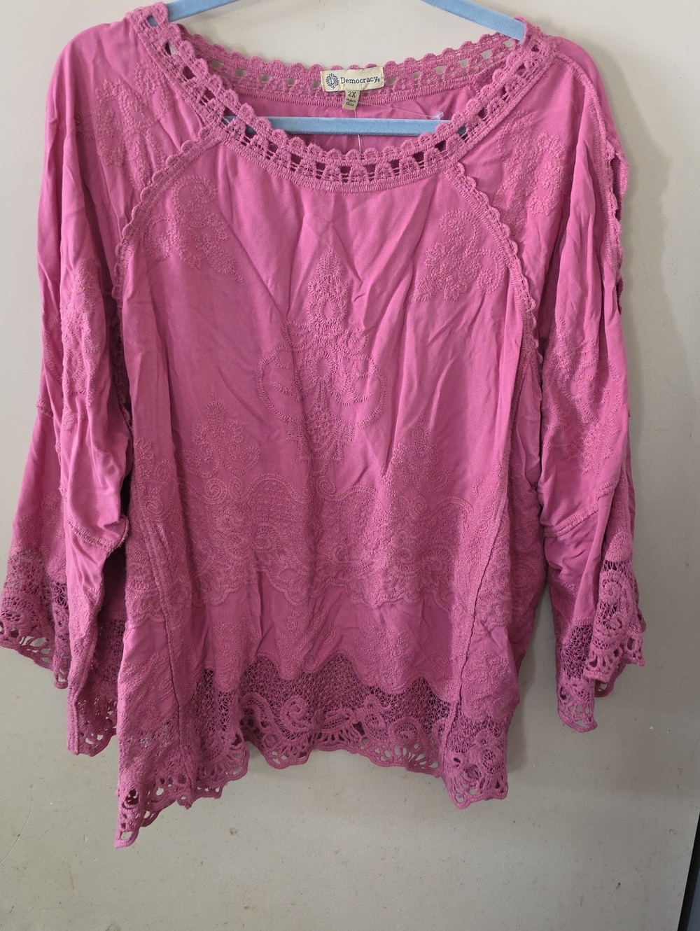 Democracy Rose Pink Crochet-Trim Tunic Top